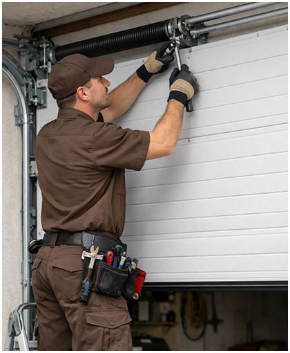 Technician repairing garage door system